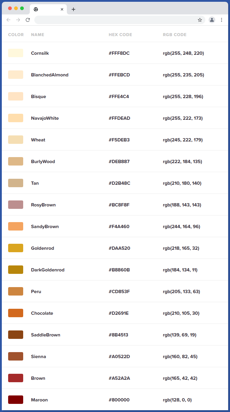 Brown HTML Color Names