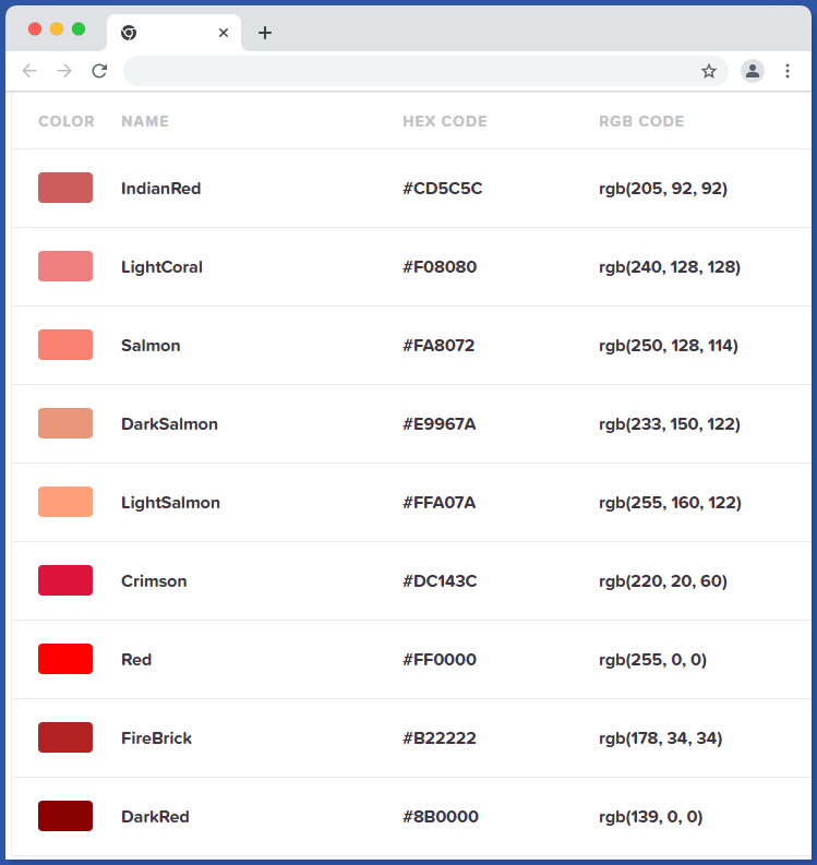 Red HTML Color Names